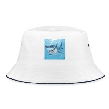 Lässiger Sonnenbrillen-Hai – Cool unter Wasser - Bucket Hat - Weiß/Navy - Vorne