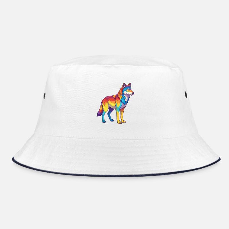 Bunte Wolf-Regenbogen-Pop-Art-Aquarell - Bucket Hat - Weiß/Navy