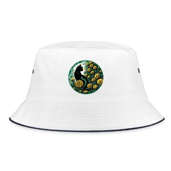 Midnight Cat Among Golden Marigolds - Bucket Hat - white/navy - Front