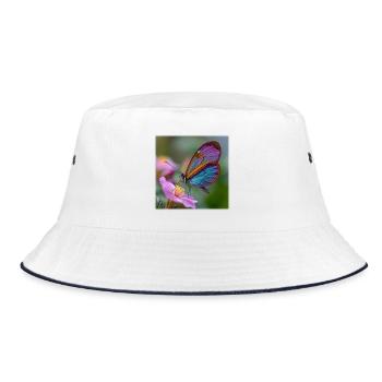 Schillernder Schmetterling auf zarter Blüte - Bucket Hat - Weiß/Navy - Vorne