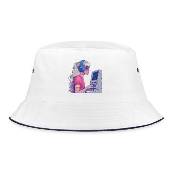 Retro Gamer Girl in Neon Style - Bucket Hat - white/navy - Front