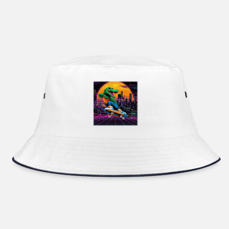 Skating Pixel Krokodil im Retro 80s Synthwave Bucket Hat