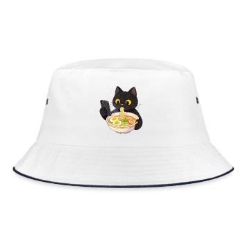Black cat with smartphone and ramen noodles - Bucket Hat - white/navy - Front