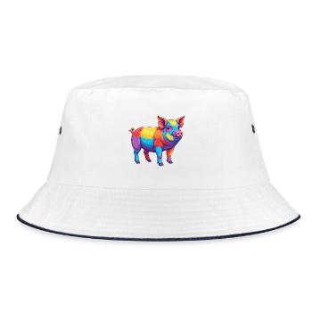 Buntes Schwein-Regenbogen-Pop-Art-Aquarell - Bucket Hat - Weiß/Navy - Vorne