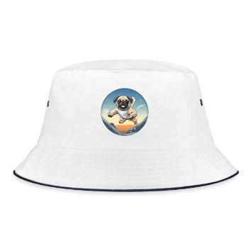 Pug Sprung über Berglandschaft - Bucket Hat - Weiß/Navy - Vorne