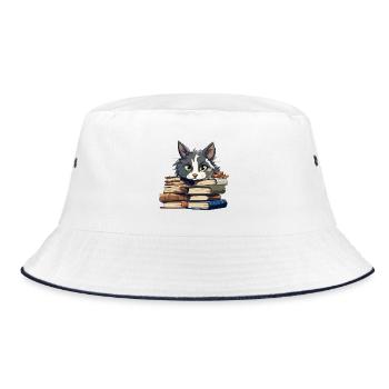 Book Stack Cat Bibliophile - Bucket Hat - white/navy - Front