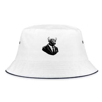 Stier im Anzug – Business Tier Motiv - Bucket Hat - Weiß/Navy - Vorne