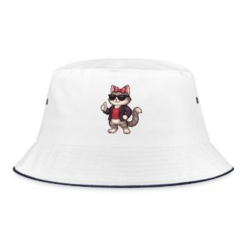 Cooler Katze mit Lederjacke  - Bucket Hat - Weiß/Navy - Vorne