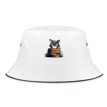 Cat Book Stack - Bucket Hat - white/navy - Front