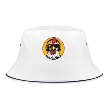 Pop-Art Hahn mit Kopfhörern Sonnenbrille Fun Huhn - Bucket Hat - Weiß/Navy - Vorne