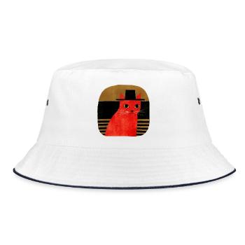 Red Cat with Hat Retro Art - Bucket Hat - white/navy - Front