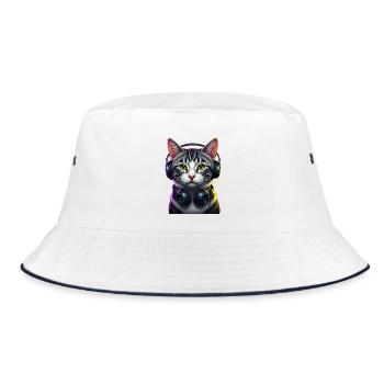 KatzenDJ Neon Kopfhörer Music lover cat - Bucket Hat - Weiß/Navy - Vorne