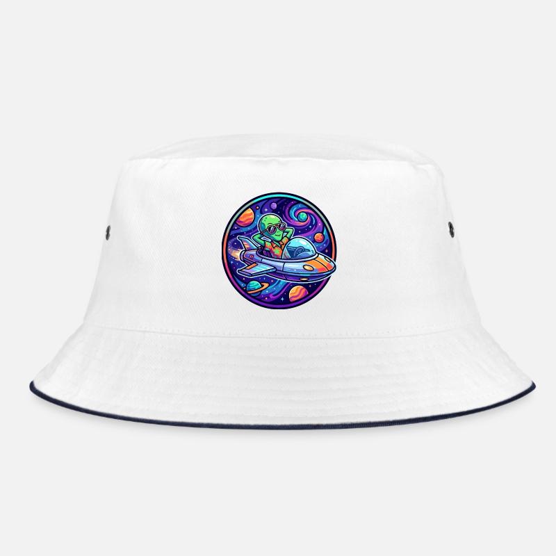 Alien in Spaceship Makes Vacation Fun Cosmos Motif Bucket Hat