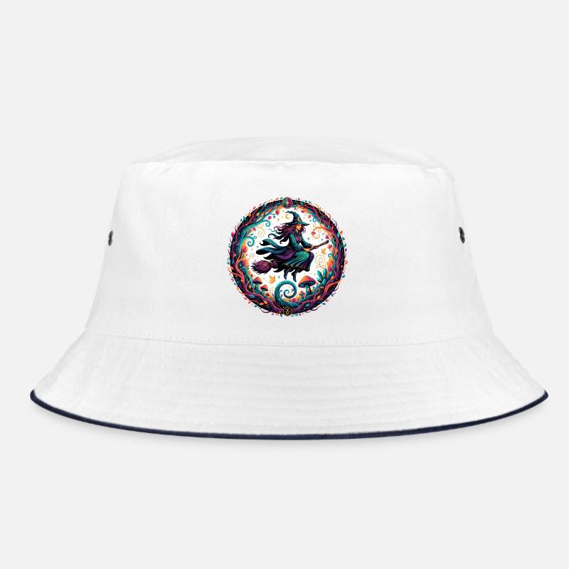 Witch magic in the forest Witch on broom in the enchanted forest Bucket Hat