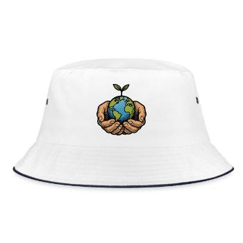Erde in Händen mit Keimling - Bucket Hat - Weiß/Navy - Vorne