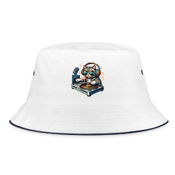 Cat DJ with headphones and turntable - Bucket Hat - white/navy - Front