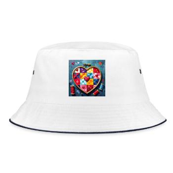 Patchwork Heart Quilt Art - Bucket Hat - white/navy - Front