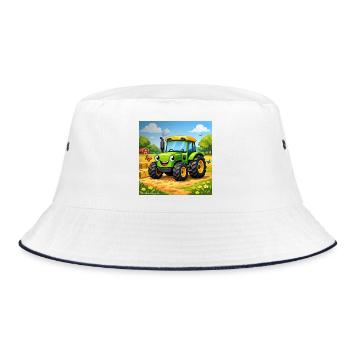 Fröhlicher Grüner Traktor auf Feld - Bucket Hat - Weiß/Navy - Vorne