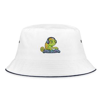 Chamäleon DJ Plattenspieler Musik-Maskottchen-Zeichentrick - Bucket Hat - Weiß/Navy - Vorne