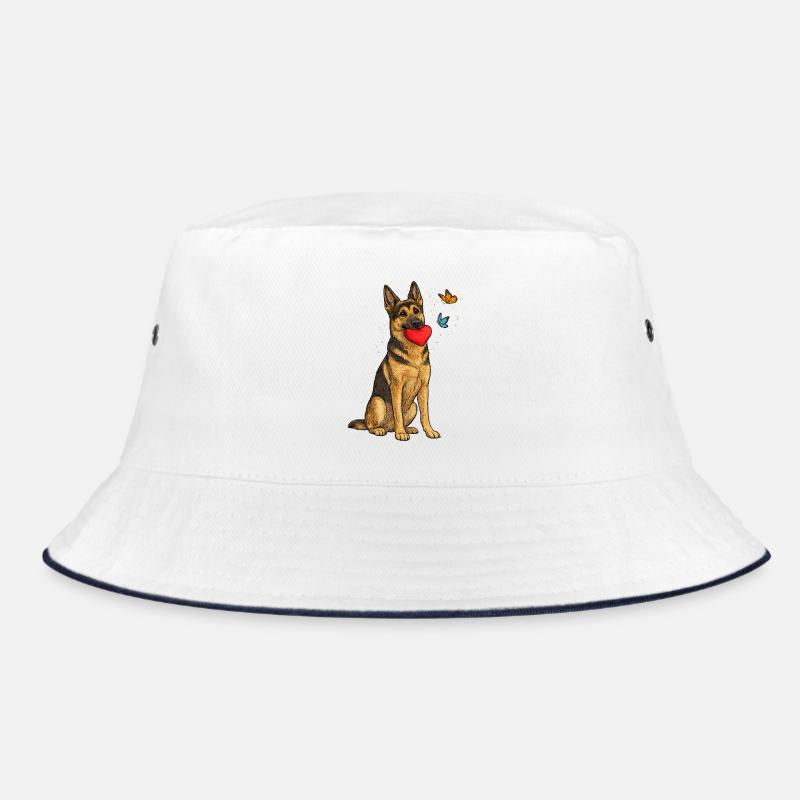 Deutscher Schäferhund mit Herz und Schmetterlingen - Bucket Hat - Weiß/Navy