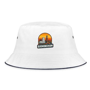 Vintage Birmingham Skyline Retro Sonnenuntergangsdesign - Bucket Hat - Weiß/Navy - Vorne