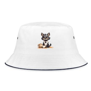 Kaffeezeit Katze mit Teekanne - Bucket Hat - Weiß/Navy - Vorne