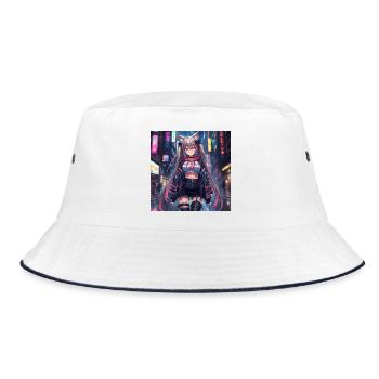 Neonkatze Streetwear Cyberpunk - Bucket Hat - Weiß/Navy - Vorne
