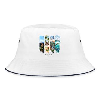 Hawaii Urlaub Travel – Vulkan & Strand Motiv - Bucket Hat - Weiß/Navy - Vorne