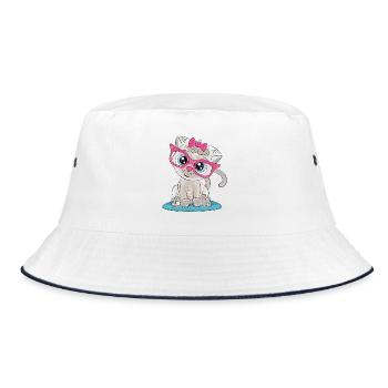 Kitten with Pink Glasses and Bow - Bucket Hat - white/navy - Front