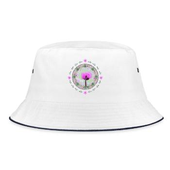 Pink Floral Motif, Pink Floral Pattern - Bucket Hat - white/navy - Front