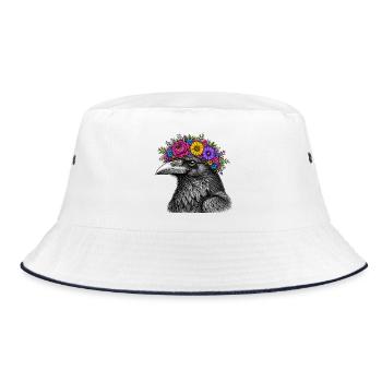 Crow's Head with Flower Crown - Bucket Hat - white/navy - Front