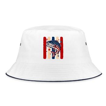 12-1Über patriotische Barschfische, gestreift am 4. Juli PNG - Bucket Hat - Weiß/Navy - Vorne