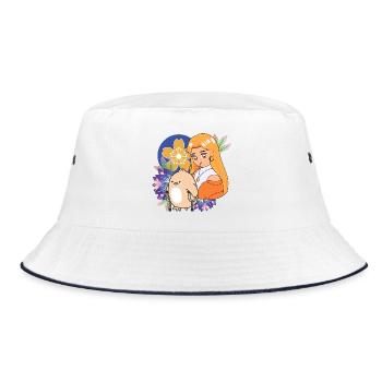 Anime Girl and Bird with Crutches Art - Bucket Hat - white/navy - Front