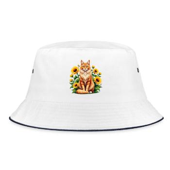 Cute Orange Fluffy Cat and Sunflowers Summer Art - Bucket Hat - Weiß/Navy - Vorne