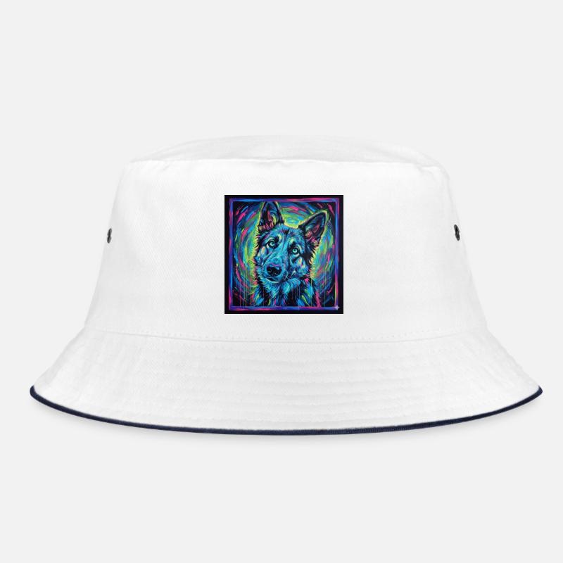 Neon-Wolfsblick - Bucket Hat - Weiß/Navy