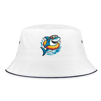 Lustiger Hai mit Schwimmring und Taucherbrille - Bucket Hat - Weiß/Navy - Vorne