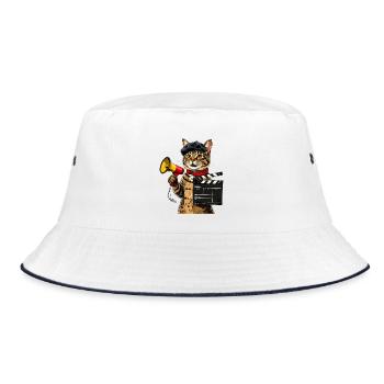 Cinema Cat Director: Film Cat with Megaphone - Bucket Hat - white/navy - Front