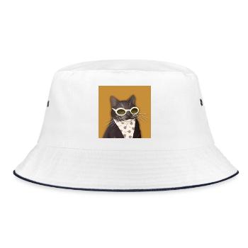 Katze in Lederjacke und Sonnenbrille - Bucket Hat - Weiß/Navy - Vorne