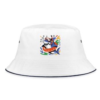 Lustiger Hai mit Schwimmring und Taucherbrille - Bucket Hat - Weiß/Navy - Vorne