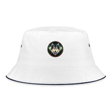 Geometrisches Wolf Mountain Forest Abzeichen-Design - Bucket Hat - Weiß/Navy - Vorne