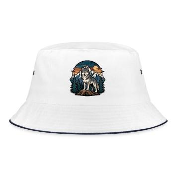 Majestätischer Wolf auf Berggrund. - Bucket Hat - Weiß/Navy - Vorne
