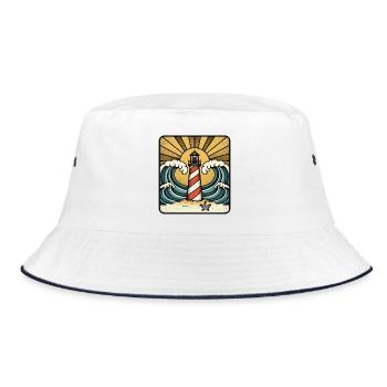 Leuchtturm, Meereswellen, Ozean, Sonne, Retro-Tattoo - Bucket Hat - Weiß/Navy - Vorne