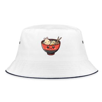 Kawaii Ramen Schüssel Sticker - Bucket Hat - Weiß/Navy - Vorne