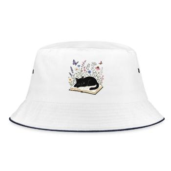 Eine schwarze Katze schläft auf einem Buch. - Bucket Hat - Weiß/Navy - Vorne