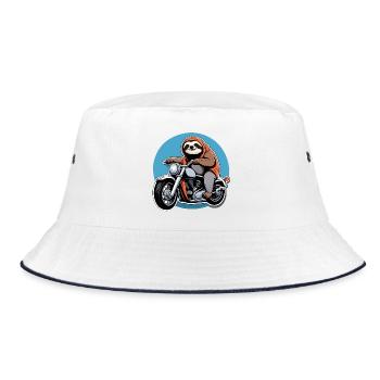 Faultierbiker im orangefarbenen Cape - Bucket Hat - Weiß/Navy - Vorne