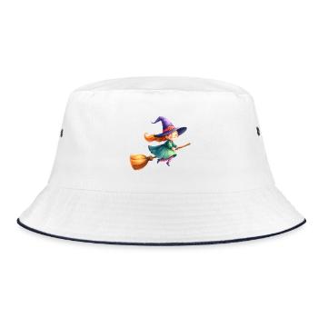 Little Witch Flying on Broom – Kawaii Comic Art - Bucket Hat - white/navy - Front