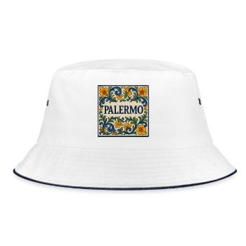 Palermo Fliesenblumen Ornament - Bucket Hat - Weiß/Navy - Vorne