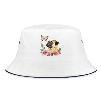 Mops mit Schmetterling - Bucket Hat - Weiß/Navy - Vorne