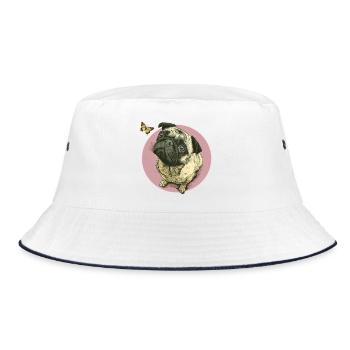 Mops mit Schmetterling - Bucket Hat - Weiß/Navy - Vorne