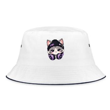 Lila DJ-Katze mit Kopfhörern - Bucket Hat - Weiß/Navy - Vorne